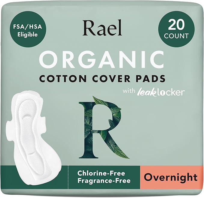 Rael Pads for Women, Organic Cotton Cover - Period Pads with Wings, Feminine Care, Sanitary Napkins, Heavy Absorbency, Unscented, Ultra Thin (Overnight, 20 Count)