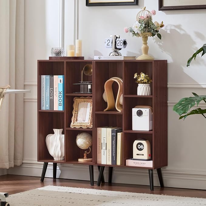 LEYAOYAO 5 Cube Bookshelf, Mid-Century Modern Book Shelf with Legs, Walnut | 3 Tier Bookcase, Rustic Wood Bookshelves Freestanding Small Storage Organizer, Open Shelves for Bedroom, Living Room, Office