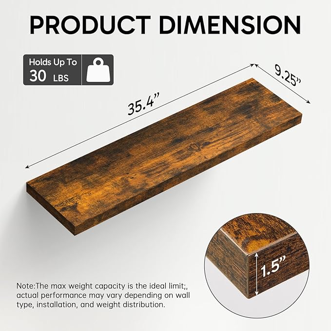 BAYKA Floating Shelves, 35.4 inches Long Wall Mounted Rustic Wood Shelves for Bathroom, Bedroom, Living Room, Kitchen, Office, Hanging Shelf for Books/Storage/Decor(Rustic Brown,Set of 2)