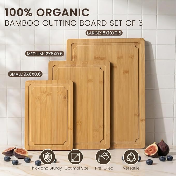 Extra Large Cutting Board Set of 3, Bamboo Cutting Boards for Kitchen with Juice Groove and Handles Kitchen Chopping Board for Meat Cheese board Heavy Duty Serving Tray, Empune