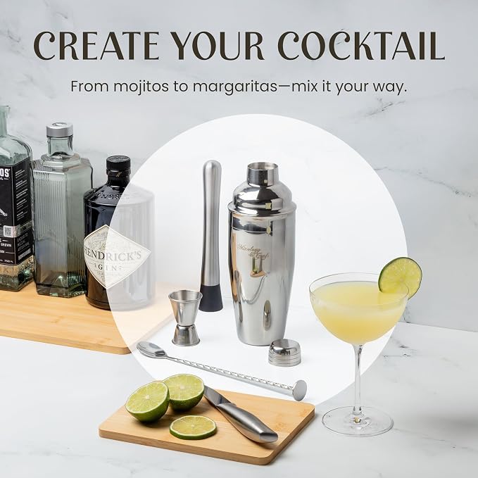 Mixology & Craft Cocktail Shaker Set: Complete Bartender Kit with Metal Stand and Bar Cart Accessories | Includes Exclusive Recipe Cards | Built to Last | Leak-Proof Design