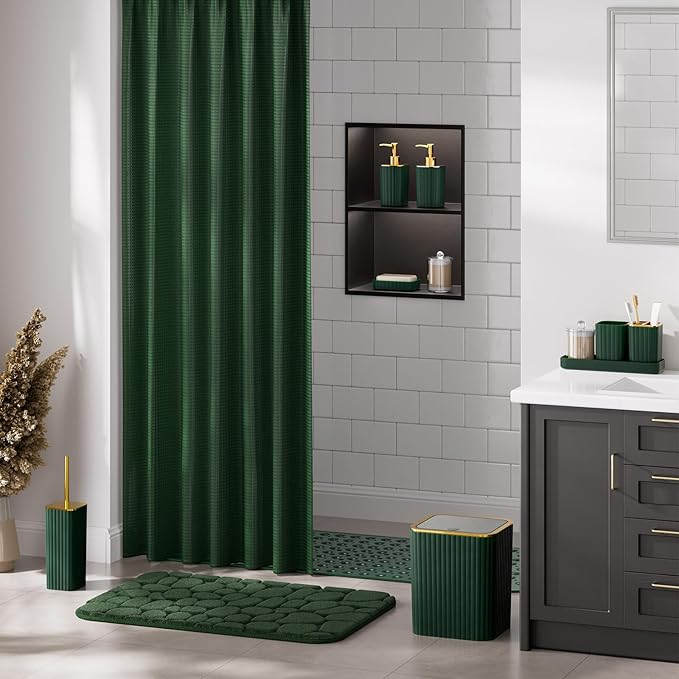 XLHOMO 26PC Bathroom Accessories Set - Gorgeous Green Bathroom Set, Bathroom Accessory Set, Shower Curtain Set with Bathtub Mats for Shower Tub, Trash Can & Soap Dispenser
