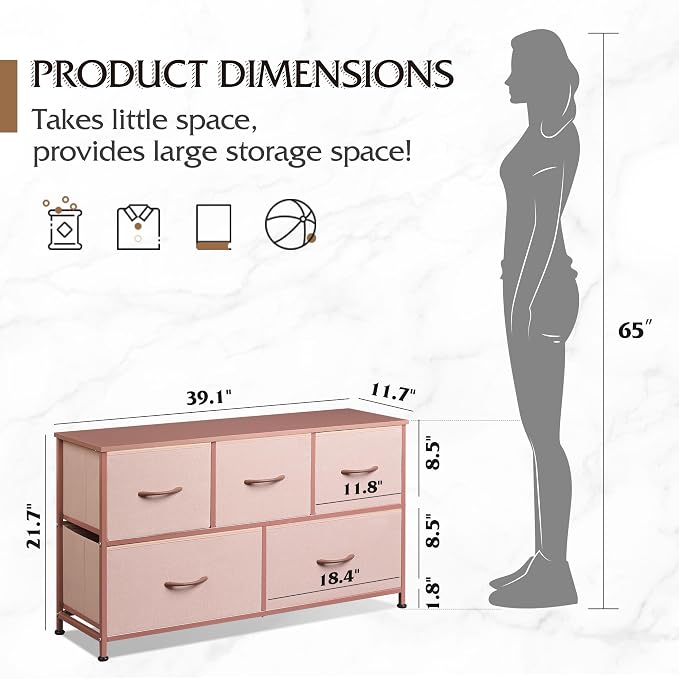 WLIVE Wide Dresser for Bedroom, 5 Drawer Chest of Drawers, Pink | 5 roomy fabric drawers, Wide storage design, Bedroom or closet use, Sturdy steel frame, Smooth wood tabletop