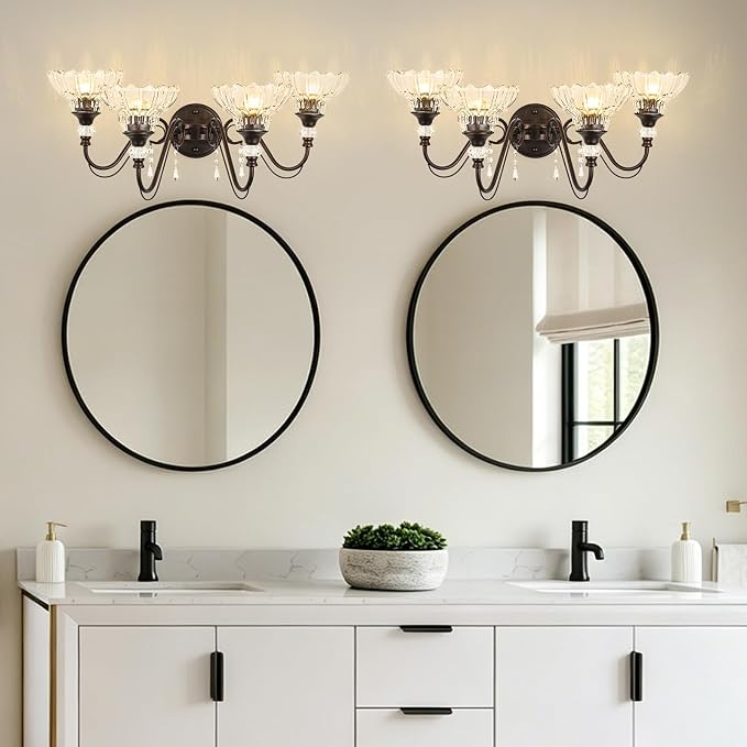 Vintage Bathroom Vanity Light, 4-Light Oil Rubbed Bronze Finish Wall Sconce with Hanging Crystal Accents and Flower-Shaped Clear Glass Shades, Retro Wall Mount Vanity Light Over Mirror for Bathroom