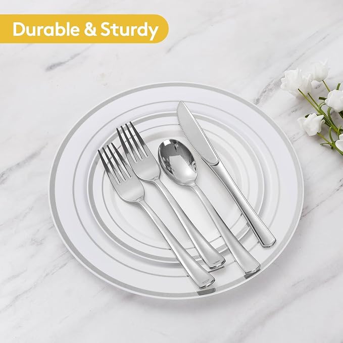 Goodluck 420Pieces silver Disposable Plates for 70 Guests, Plastic Plates for Party, Dinnerware Set of 70 Dinner and 70 Dessert Plates, 70 Spoons, 70 Forks, 70 Knives, 70 Cups