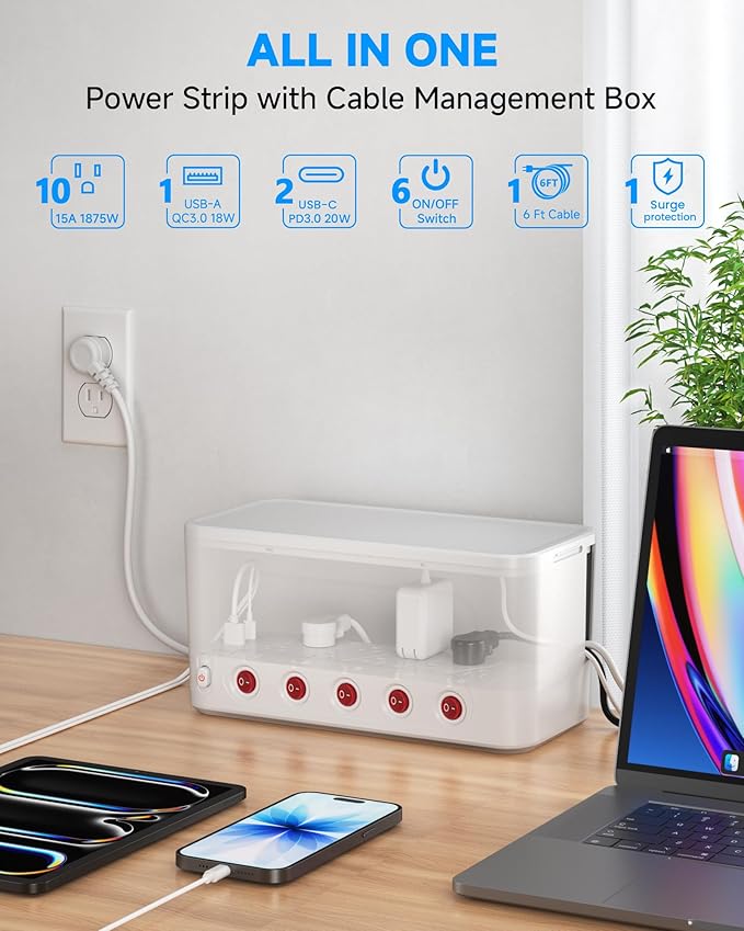 Surge Protector Power Strip with Cable Management Box,Cord Organizer Box with 10 Outlets and 3 USB Ports,Individual Switches,6 ft Flat Plug Extension Cord,Under-Desk and Desk Wire Storage Hider,White
