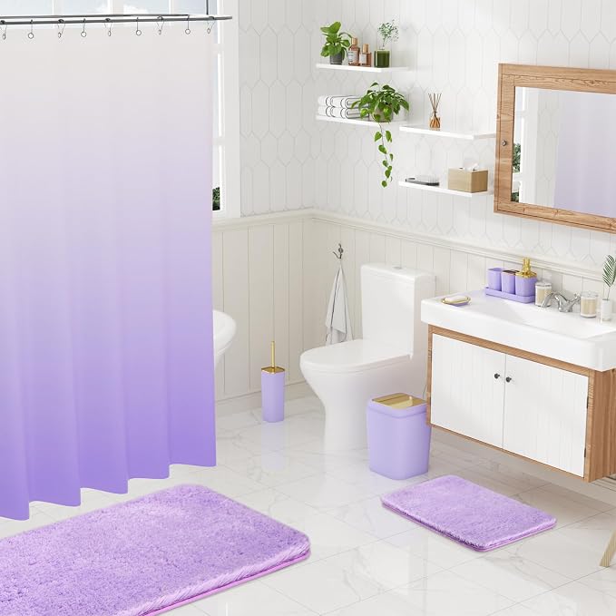 XLHOMO Bathroom Set - Purple Bathroom Sets with Shower Curtain and Rugs, 24PCS Shower Curtain Set with Hooks, Soap Dispenser, Soap Dish, Toilet Brush Holder and Trash Can for Housewarming