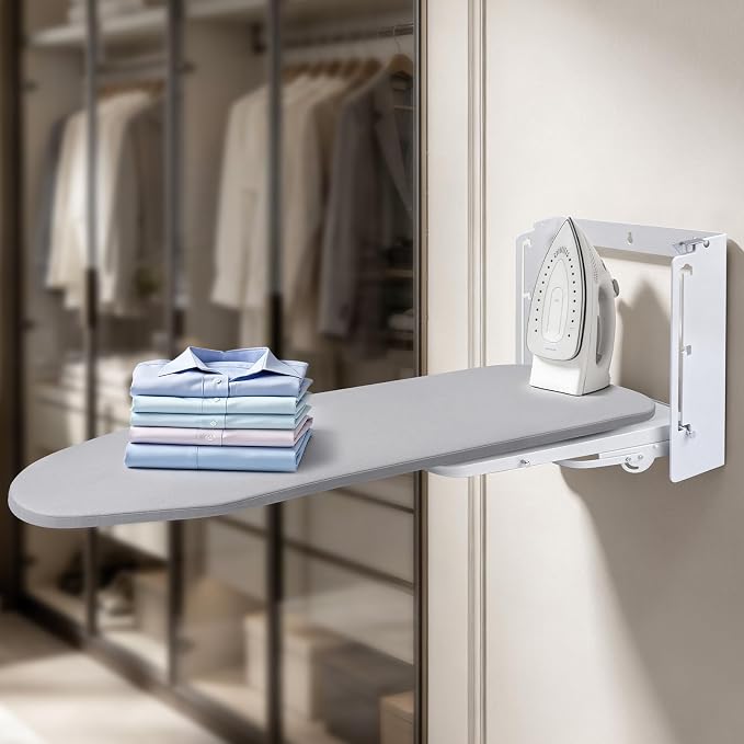 Wall Mounted Ironing Board Height Adjustment with Iron Holder 36 x 12 Inch | Fold Down Ironing Board Wall Mount Space-Saving Iron Board with Removable Heat Resistant Cover for Laundry Room, Home