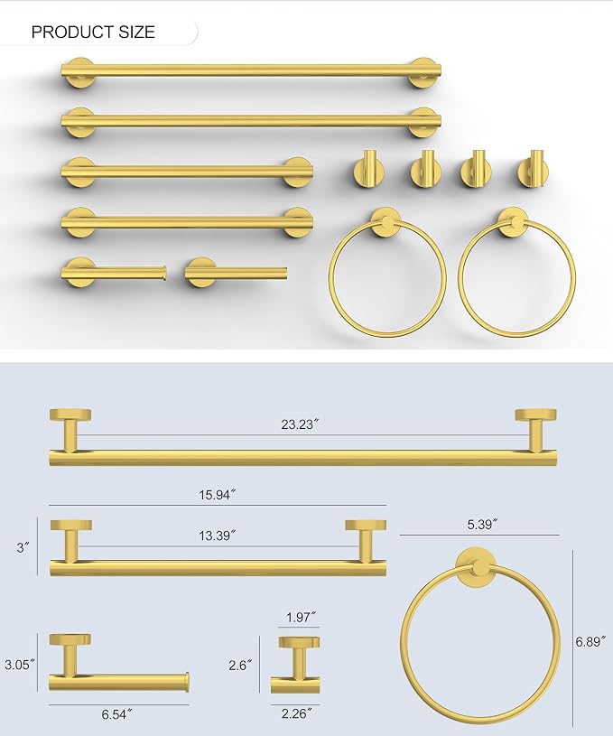 12 Pcs Brushed Gold Bathroom Accessories Set, HOMEMYSTIQUE SUS304 Stainless Steel Bathroom Hardware Set, Bath Towel Bar Set, Toilet Paper Holders, Towel Rings Racks, Robe Towel Hooks