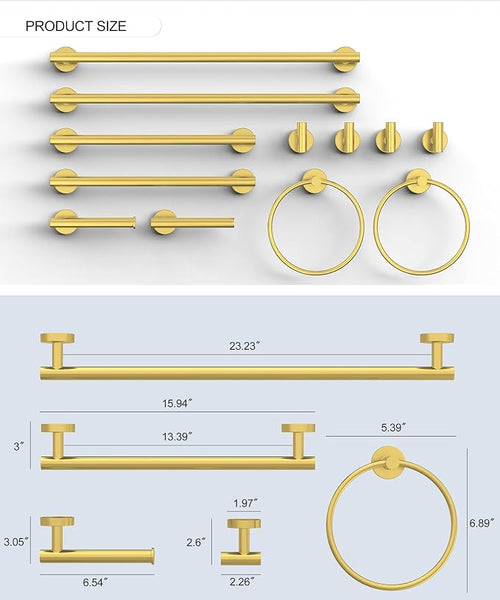 12 Pcs Brushed Gold Bathroom Accessories Set, HOMEMYSTIQUE SUS304 Stainless Steel Bathroom Hardware Set, Bath Towel Bar Set, Toilet Paper Holders, Towel Rings Racks, Robe Towel Hooks