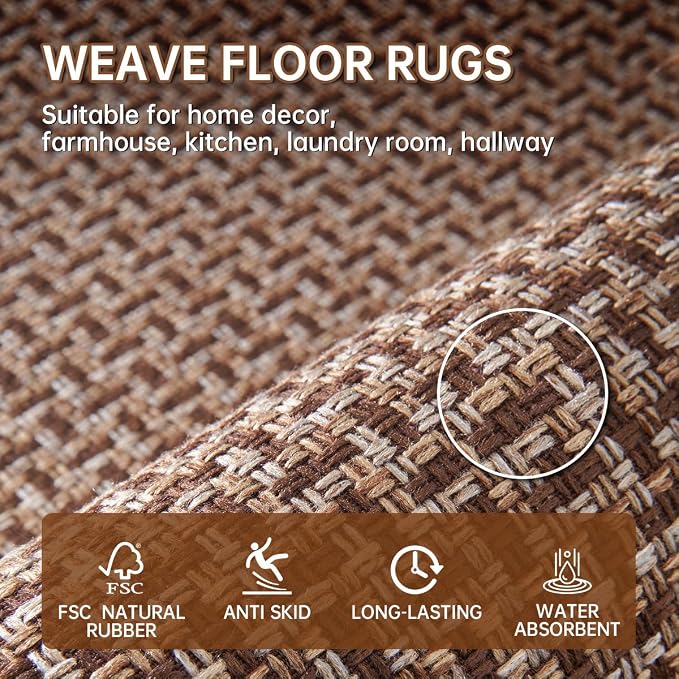 eqivei Kitchen Rugs and Mats Non Skid Washable Set of 2 PCS, Absorbent Runner Rugs for Kitchen, Farmhouse Weave Floor Mats in Front of Sink, 17.3"x 47"+17.3"x 29" (Brown)