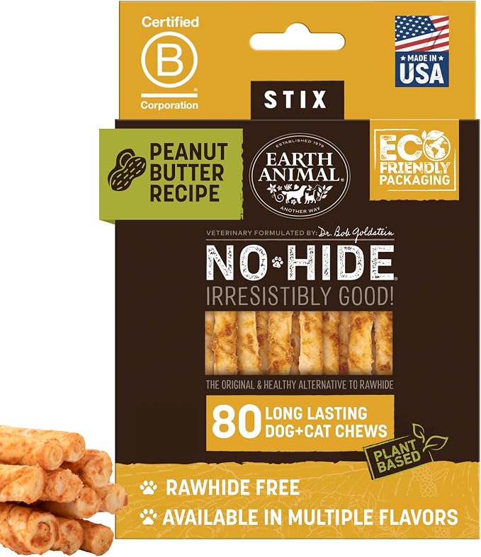 Earth Animal No Hide Stix - Long Lasting Rawhide Free Small Dog Chews Sticks, Peanut Butter - 80 Count Extra Value Pack