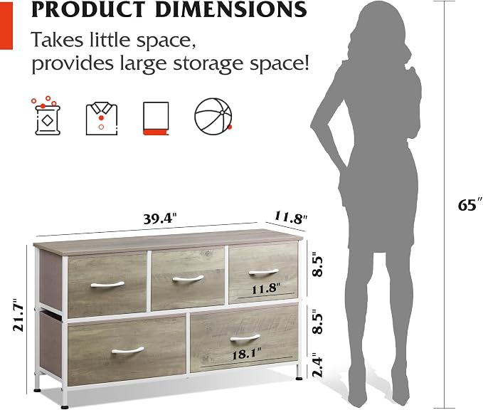 WLIVE Wide Dresser for Bedroom, 5 Drawer Chest of Drawers, Greige | 5 roomy fabric drawers, Wide storage design, Bedroom or closet use, Sturdy steel frame, Smooth wood tabletop