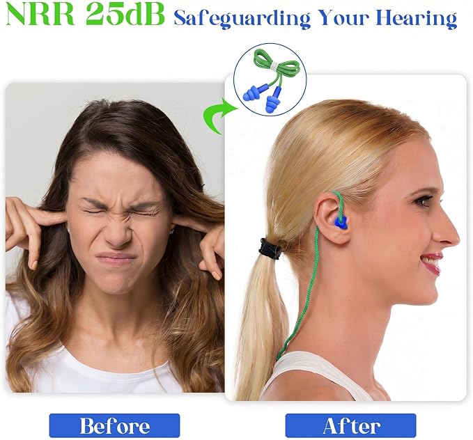 Relaxweex 500 Pairs Corded Ear Plugs Bulk 25dB NRR Reusable Silicone Ear Plug with String Individually Wrapped Earplugs for Sleeping Noise Reduction Hearing Protection Shooting Work (Green Blue)