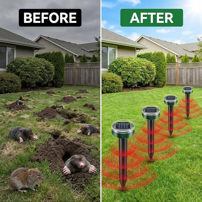 Mole Repellent Solar Powered 10 Pack Square Design – Outdoor Waterproof Pest Deterrent for Yard & Garden, Repels Mole, Gopher, Vole, Snake & Groundhog, Pet Friendly Sonic Burrowing Control