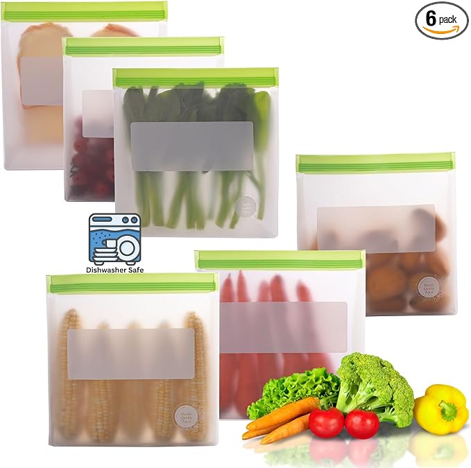 Reusable Food Storage Bags – 6-Pack Stand-Up, BPA-Free, Freezer, Dishwasher Safe & Eco-Friendly – 6 Gallon Bags – Airtight Leakproof, Organization and Storage Baggies (Multicolor (Green))