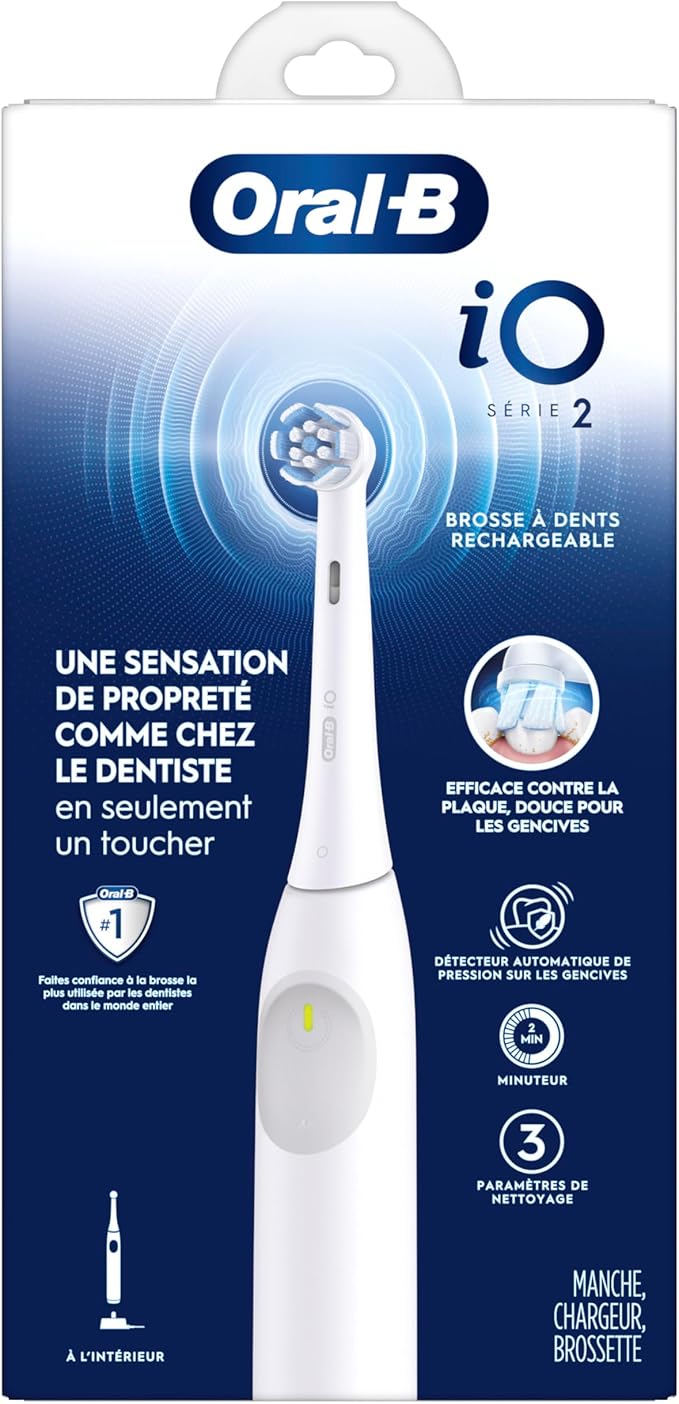 Oral-B Rechargeable Electric Toothbrush, iO2, 3 Cleaning Modes, Automatic Pressure Sensor to Protect Gums, Pure White