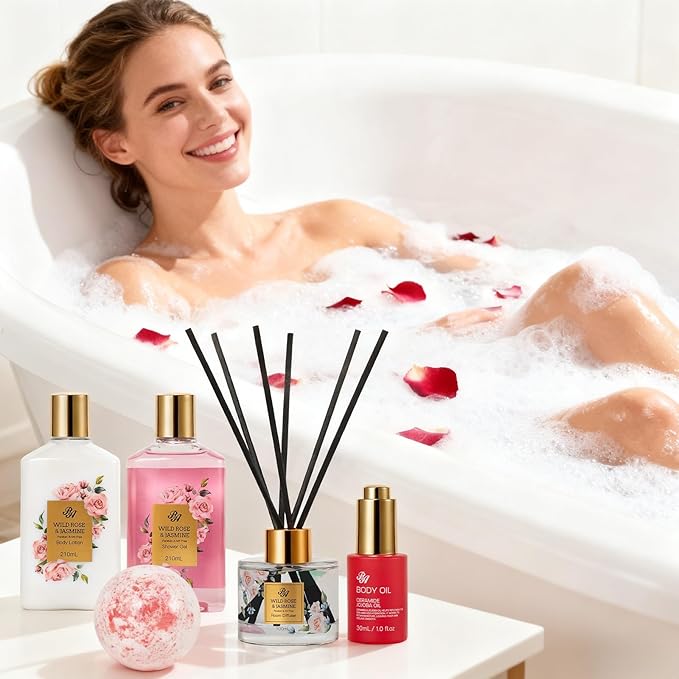 35 Pcs Mothers Day Gifts Baskets for Mom, Red Rose Bath and Body Basket Gift for Women, Face Skin Care Kit, Home Spa Self Care Basket, Diffuser, Necklace, Birthday, Christmas, Anniversary, Wife