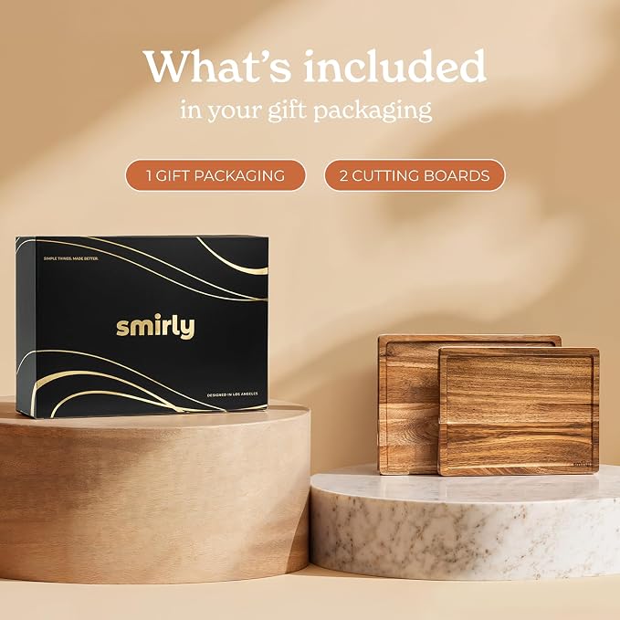 SMIRLY Acacia Wood Cutting Board - 2 Pack Cutting Boards for Kitchen | Non Toxic Acacia Cutting Board with Juice Grooves and Handles, Multiple Sizes Chopping Board for Meal Prep & Charcuterie