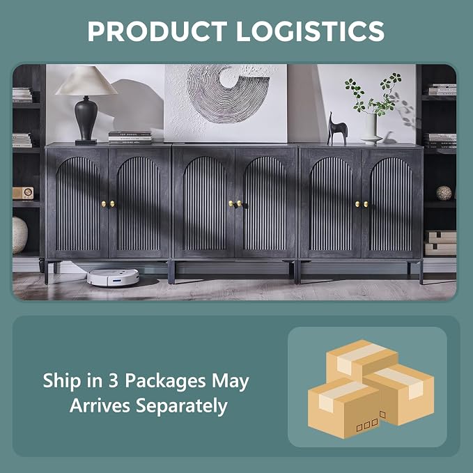 IFGET 92.63" W Modern Arch Sideboard Buffet Cabinet with Storage, Dark Grey | Fluted Arched Sideboard Cabinet w/Adjustable Shelves, Wood Modular Kitchen Cabinet for Dining& Living Room, Entryway