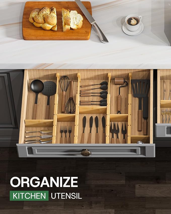 kiplant Bamboo Drawer Dividers - Adjustable Drawer Dividers for Kitchen, Clothes, Closet & Office - 8 Pack with Inserts, 13.8-18.8 Inches, Non-Slip Silicone Ends