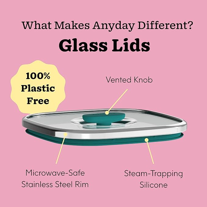 Anyday 10-Cup Square Glass Food Storage (Blueberry) | Plastic Free Meal Prep, Microwave Steamer, Stackable Airtight Container, Vented Glass Lid for Microwave-Safe Reheating