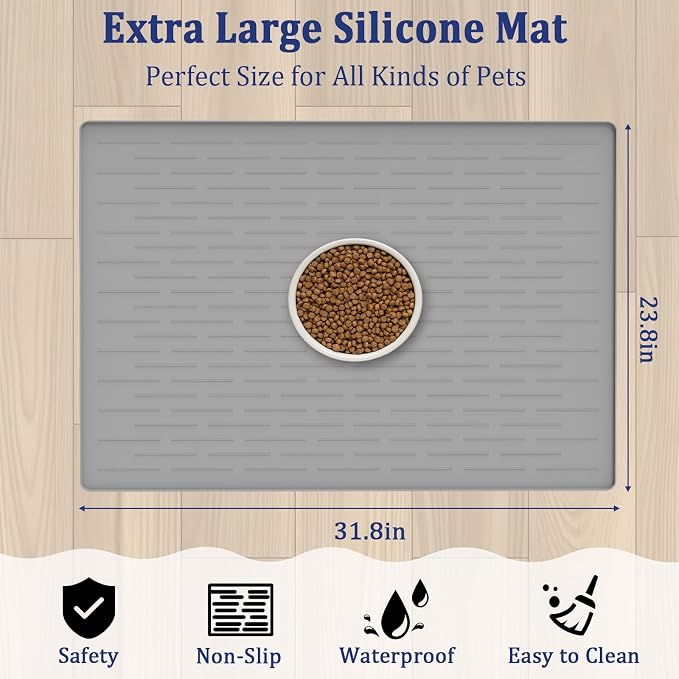 31.8"x23.8" Extra Large Pet Food Mat, Silicone Dog Mats for Food and Water, XL Nonslip Pet Feeding Mats for Floors,Dog Cat Bowl Mat with Raised Edges, Lake Blue