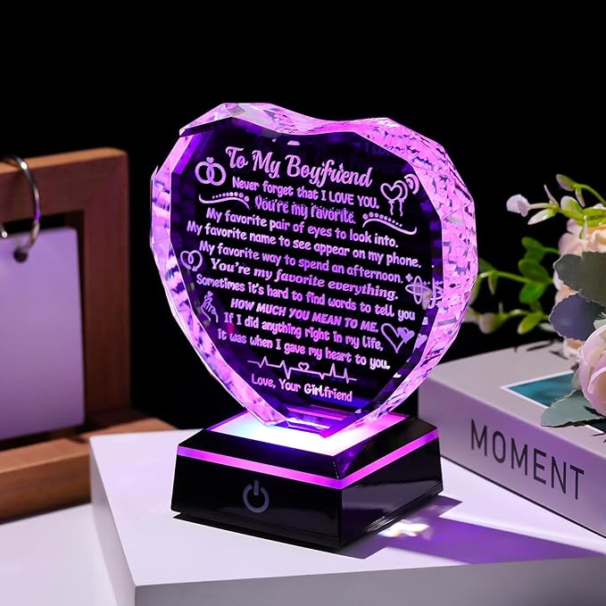 Arikyrist Gifts for Boyfriend Fathers Day Crystal Heart Boyfriend Keepsake with LED Light Base Romantic Anniversary Birthday Gifts for Him Boyfriend Bf from Girlfriend