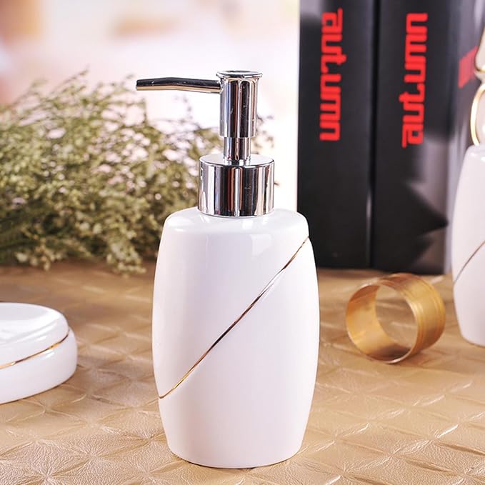 Soap Dispenser Set White, Set of 5 Bathroom Accessories, with 2 Toothbrush Cups, Soap Dish, Toothbrush Cup, Ceramic Soap Dispenser, for Bathrooms, Apartments, Dormitories,White Gold