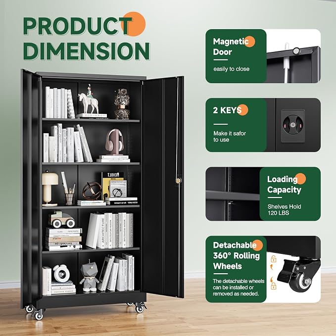 Metal Garage Storage Cabinets with Wheels,Steel Tool Cabinets Lock Door and Adjustable Shelves for Home,Office,Warehouse Organisieren (Black, 75" H)
