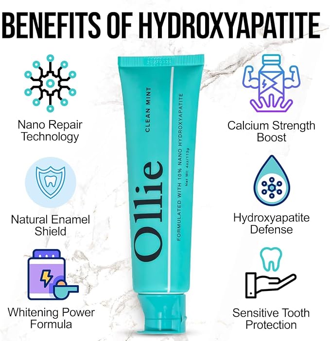Ollie Fluoride Free 10% Nano Hydroxyapatite Toothpaste, Clean Mint, 4oz | Rod-Shaped Nano HAP, Remineralizes Enamel, Reduces Sensitivity, Reverses Small Cavities, Naturally Whitens Teeth, (Pack of 3)