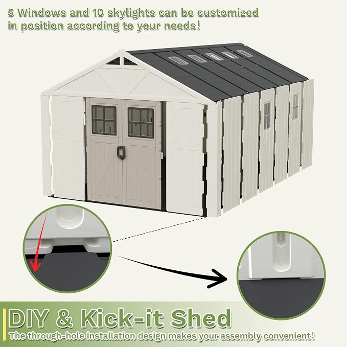 Greesum 10X16FT Plastic Outdoor Storage Shed with Floor and Lockable Door, Resin Sheds with 7-Windows and Multiple Skylights, HDPE Kick-it Shed for Garden, Patio, Backyard, Beige