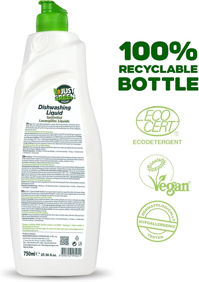 Dish Soap, Plant-Based Dishwashing Liquid, Non-Toxic, Hypoallergenic, EcoCert Certified, Vegan, Grease-Cutting, Orange Scent, 25.3 fl oz (750 ml) - 3 Pack