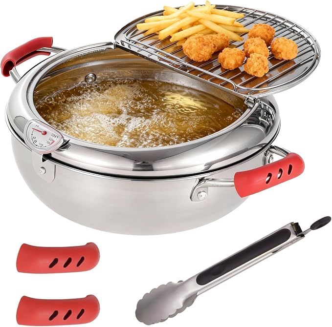 Deep Fryer Pot with Tongs, Stainless Steel Japanese Fryer with Temperature Control and Oil Drip Drainer Rack, Japanese Tempura Pot Set for French Fries Chicken Japanese Tempura (11 Inch)
