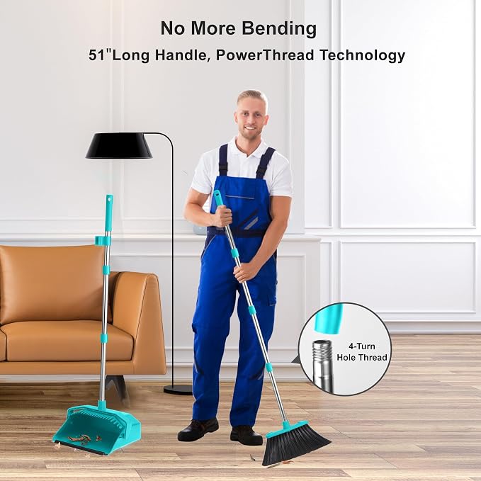 Tiumso Upgrade Broom with Dustpan Combo Set, Broom and Dustpan Set with 51'' Long Handle, Large Upright Brooms and Dust Pans, ZeroGap Lip, Self-Cleaning Dustpan Teeth for Lobby and Restaurant - Blue