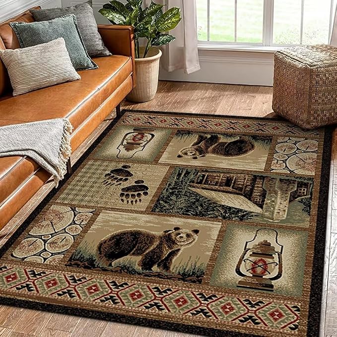 Vintage Village Cabin Bear Rug for Kitchen Non-Slip Wildlife Animals Print Carpet Dorm Decor Colorful Patchwork Rugs 3'x5'