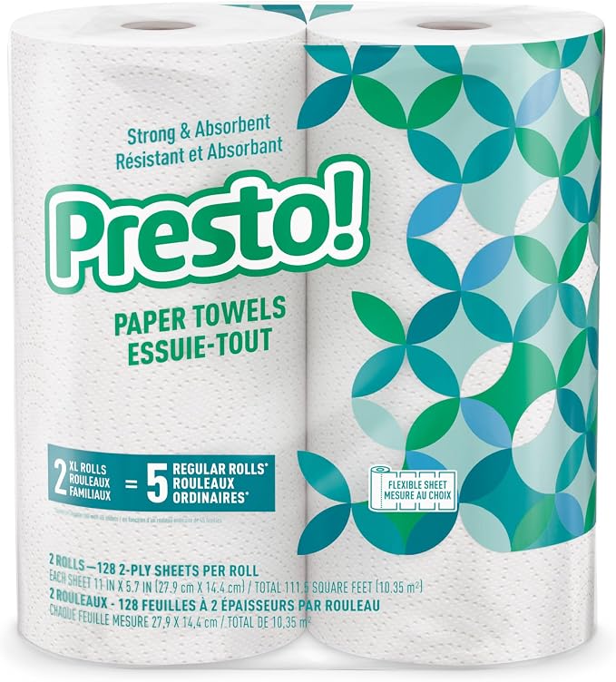 Amazon Brand - Presto! Flex-a-Size Kitchen Paper Towels, Strong and Absorbent, 128 Sheet Family Roll, 16 Rolls (8 Packs of 2)