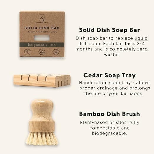 Dish Washing Bundle Kit | Eco-Friendly Solid Dish Soap, Cedar Soap Tray, Bamboo Pot Brush | Organic & Vegan Ingredients, Non-Tox Dish Soap | 3pc. Set