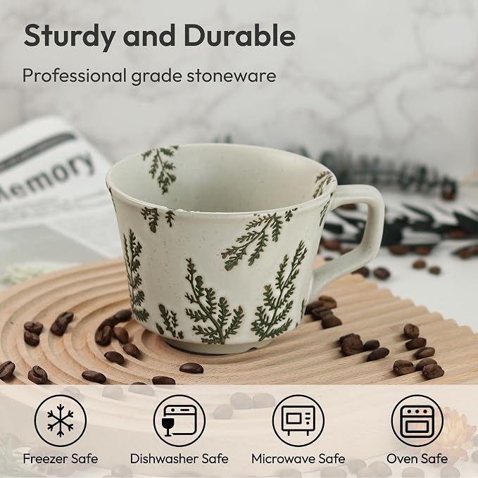 11 oz Ceramic Coffee Mug, Stoneware Teacup with Handle | Small Novelty Unique Cup for Tea Mocha Latte Cappuccino, Microwave Dishwasher Safe (Leaf)