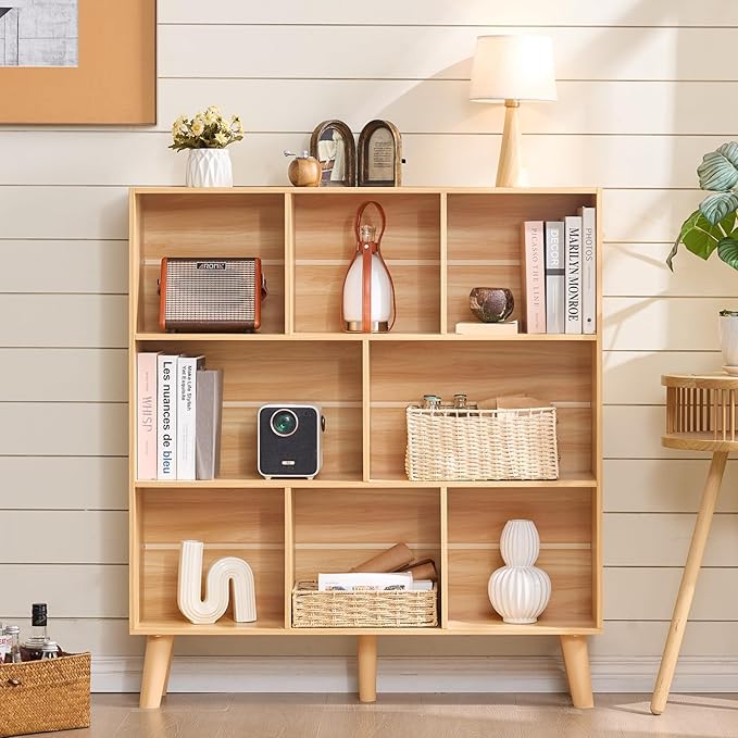 LEYAOYAO 8 Cube Bookshelf, Mid-Century Modern Book Shelf with Legs, Natural | 3 Tier Bookcase, Rustic Wood Bookshelves Freestanding Large Storage Organizer, Open Shelves for Bedroom, Living Room, Office