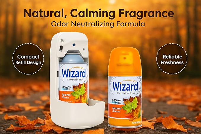 Wizard Automatic Spray Refill, Autumn Breeze – 12 Pack (5 oz Each) | Compatible with Air Wick Freshmatic & Glade | Long-Lasting Air Freshener & Odor Neutralizer for Home, Bathroom & Office