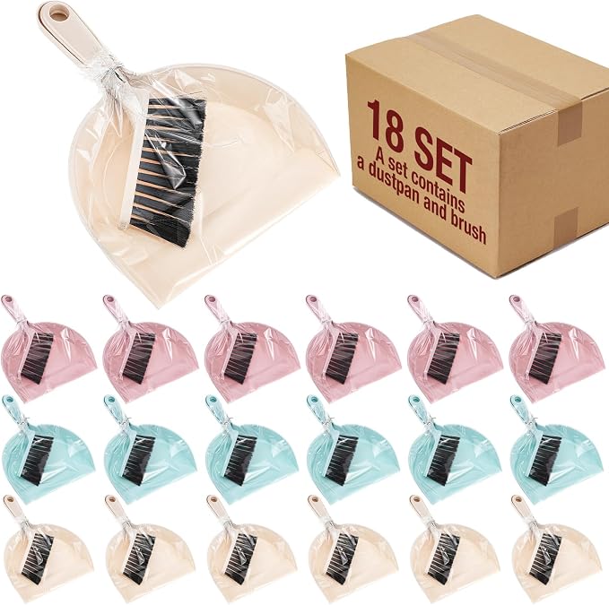 Sliner 18 Pack Mini Dustpan and Brush Set Nesting Snap Plastic Dust Pans with Brush Small Handheld Broom and Dustpan Set Bulk Portable Cleaning Suitable for Desktop Pets Care Camping(Blue, Pink,Beige)