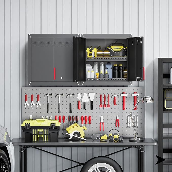 Eltean Metal Wall Cabinet,Wall Mounted Garage Storage Cabinet with Lock and Handle,Garage Wall Cabinet with Adjustable Shelves for Garages, Storage Rooms, Basements