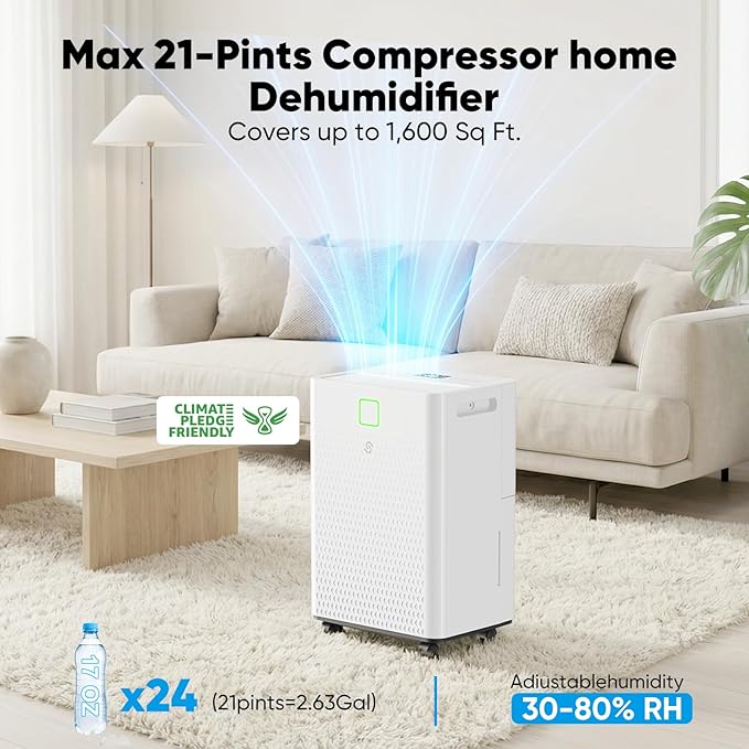 HUMILABS 1600 sq. ft. Dehumidifier for Basement, 21 Pint Dehumidifier for Home with Drain Hose, Auto Modes, 24H Timer, Child Lock, 37dB. Ideal for Bathrooms, Basements, and Large Rooms.
