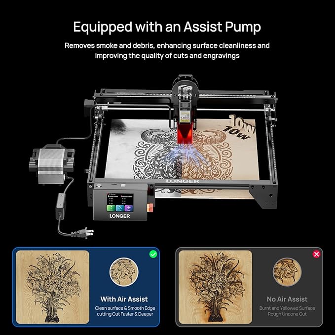 Longer RAY5 10000mW Laser Engraver with Air Pump, 3.5” Color Touch Screen, App Offline Control, DIY Engraver Tool for Metal/Glass/Wood ，Engraving Area 15.75"x15.75"，Laser Class 2