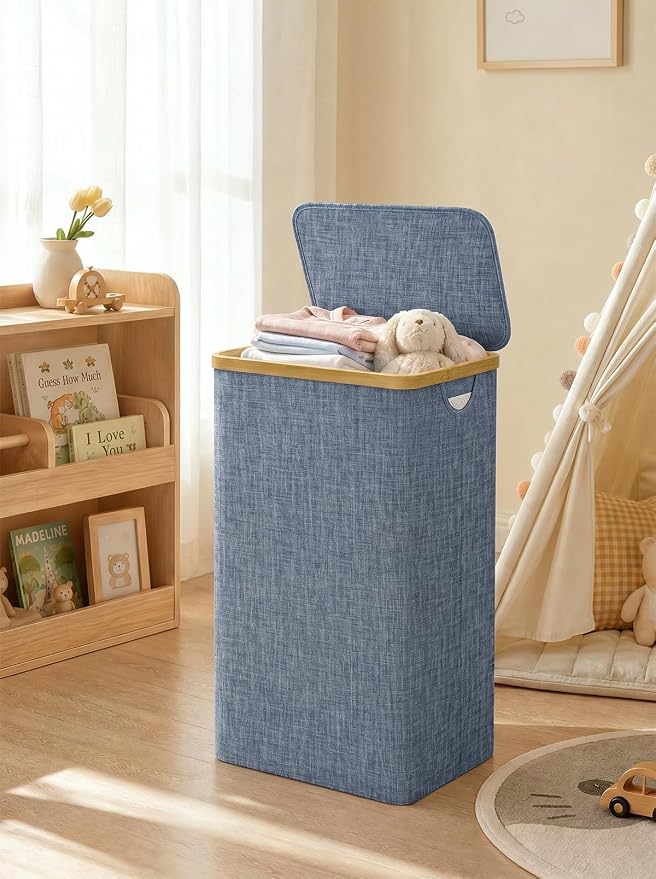 iEGrow Laundry Basket with Lid, 110L Large Laundry Hamper with Banboo Handle, Dirty Clothes Hamper with Removable Inner Bag for Laundry Room Organization- Blue