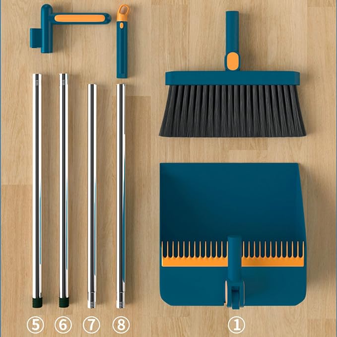 Broom and Dustpan Combo Set for Home - Long Handle Angle Broom & Dust pan Combo Built-in Comb Teeth to Automatically Clean Hair - Suitable for Home Kitchen Office Hall Floor,White