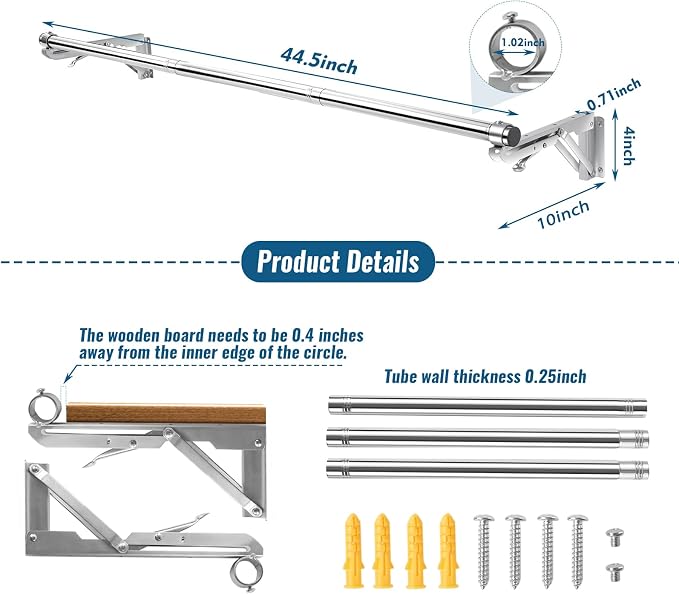 TBMLC Foldable Wall Mounted Clothes Rack- 44'' Long Rod & 2 Thick Bases | Stainless Steel,Multi-Purpose for Space-Saving Garment Rack/Clothes Drying Rack/Clothes Hanger,Detachable Top Shelf Reserved