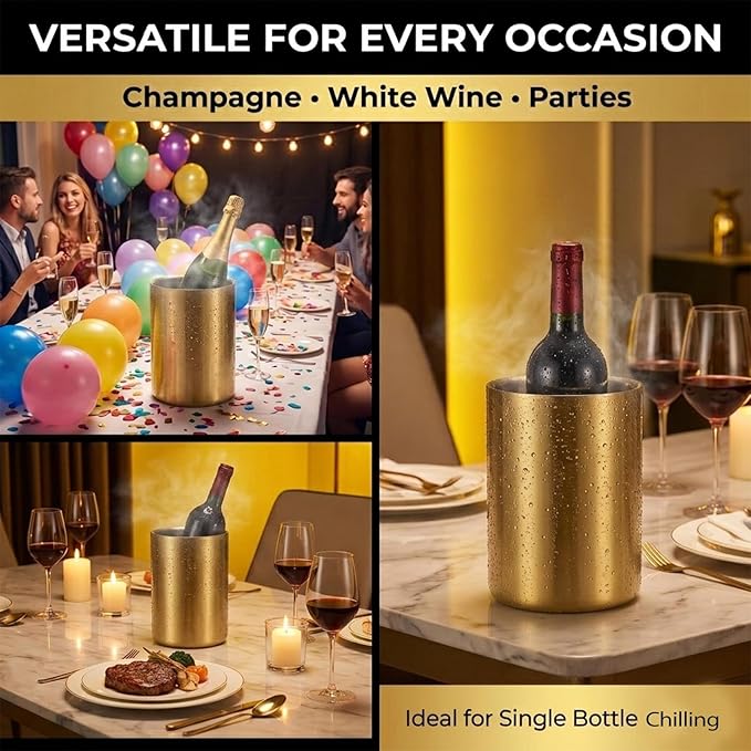 Gold Stainless Steel Wine Chiller Bucket for Bottle 750ml Wine Chiller Champagne Cooler Insulated for Parties Keep Wine & Beverage Cold Bar Cart Accessories