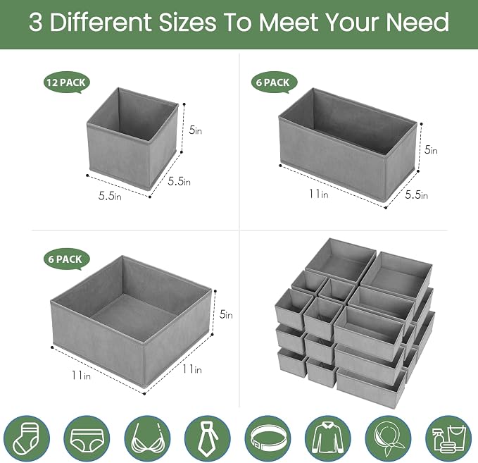 Criusia Drawer Organizer Clothes, 24 Pack Underwear Drawer Organizers, Foldable Closet Organizers and Storage Dresser Drawer Dividers Clothing Organizer for Clothes, Socks, Scarves, Bra, Ties (Grey)